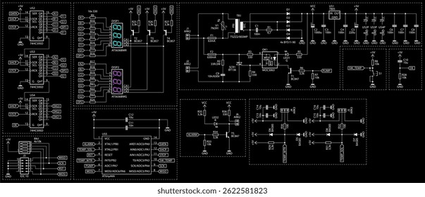 Schematic diagram of electronic device.
Vector drawing electrical circuit with 
lcd display, controller, integrated circuit, button, 
resistor, capacitor, led, transistor, transformer
on paper sheet.