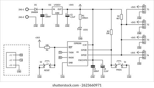 Schematic diagram of electronic device.
Vector drawing electrical circuit with 
controller, integrated circuit, button, 
resistor, capacitor, led indicator, voltage converter, diode on paper sheet.