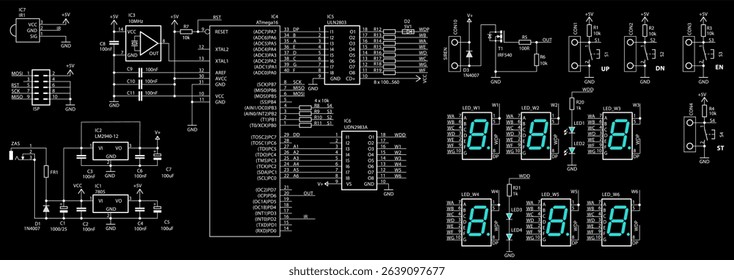 Schematic diagram of electronic device.
Vector drawing electrical circuit with 
lcd display, controller, integrated circuit, button, 
resistor, capacitor, led indicator, sensor, diode  
on paper sheet