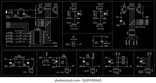 Schematic diagram of electronic device.
Vector drawing electrical circuit with capacitor, diode, led,
resistor, port uart, integrated circuit,
and other electronic components.