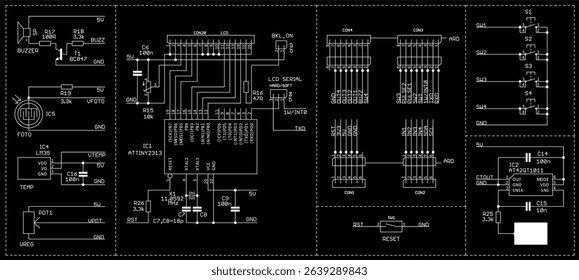 Schematic diagram of electronic device. Vector drawing electrical circuit with microcontroller, sensor, integrated circuit, capacitor, button, connector, transistor, resistor, other components.