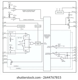 Schematic diagram of electronic device.
Vector technical drawing electrical circuit with 
controller, operational amplifier, 
logic element of integrated circuit, 
switch, transistor on white sheet. 