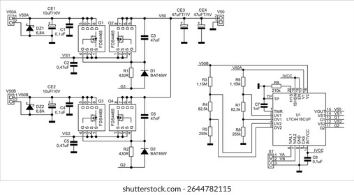 Schematic diagram of electronic device.
Vector technical drawing electrical circuit with 
microcontroller, resistor, capacitor,
integrated circuit, diode,
other components on white paper sheet.
