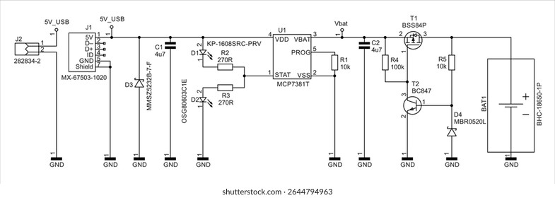 Schematic diagram of electronic device.
Vector technical drawing electrical circuit with 
controller, resistor, capacitor,
integrated circuit, diode, led,
other components on white paper sheet.