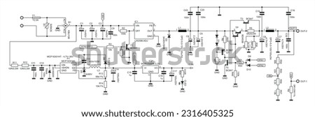 Schematic diagram of electronic device. 
Vector drawing electrical scheme with integrated circuit, 
resistor, capacitor, diode, led, transistor 
and other components.