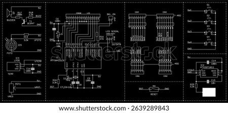 Schematic diagram of electronic device. Vector drawing electrical circuit with microcontroller, sensor, integrated circuit, capacitor, button, connector, transistor, resistor, other components.