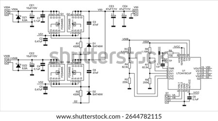 Schematic diagram of electronic device.
Vector technical drawing electrical circuit with 
microcontroller, resistor, capacitor,
integrated circuit, diode,
other components on white paper sheet.