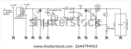 Schematic diagram of electronic device.
Vector technical drawing electrical circuit with 
controller, resistor, capacitor,
integrated circuit, diode, led,
other components on white paper sheet.
