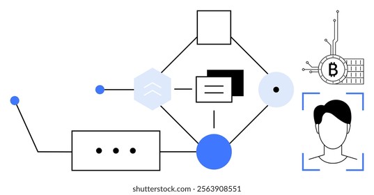 Schematic diagram with geometric shapes, a human face, and a Bitcoin symbol connected by lines. Ideal for blockchain, cryptocurrency, digital identity, network systems, and cybersecurity. Clean