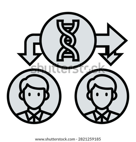 Schematic diagram illustrating cloning technology. DNA symbol connected by arrows to identical human figures. Concept of genetic replication and biotechnology.