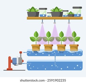 Schematic diagram of vertical farming hydroponics. Intermittent flooding system. Composition with plants, tubes, tub and pump. Vector illustration