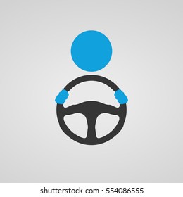 Schematic drawing of the driver behind the wheel. Simple steering wheel icon. Vector illustration.