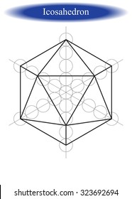 Schematic drawing of the icosahedron  for children. Icosahedron - a symbol of water. Regular convex polyhedra. Platonic body of equilateral triangles. 20 faces, edges 30, 12 tops. Vector illustration.