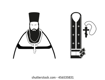 A schematic drawing of an Orthodox priest and his attributes and items of clothing: the epitrachelion, liturgical cuffs, cross