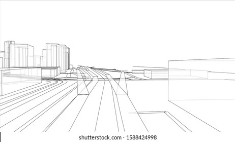 A schematic drawing or sketch of a 3D city with buildings and roads. Outline style. 3D illustration vector. Construction industry concept