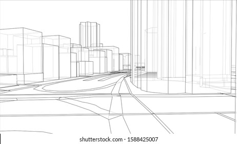 A schematic drawing or sketch of a 3D city with buildings and roads. Outline style. 3D illustration vector. Construction industry concept