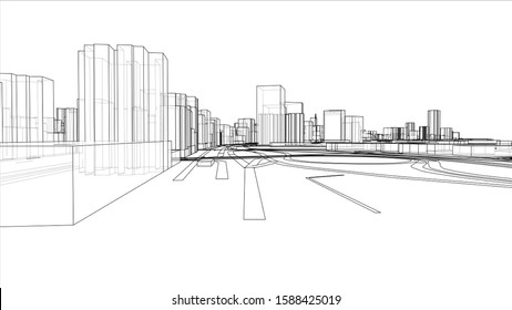 A Schematic Drawing Or Sketch Of A 3D City With Buildings And Roads. Outline Style. 3D Illustration Vector. Construction Industry Concept