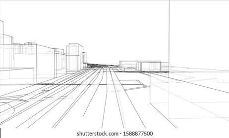 A schematic drawing or sketch of a 3D city with buildings and roads. Outline style. 3D illustration vector. Construction industry concept
