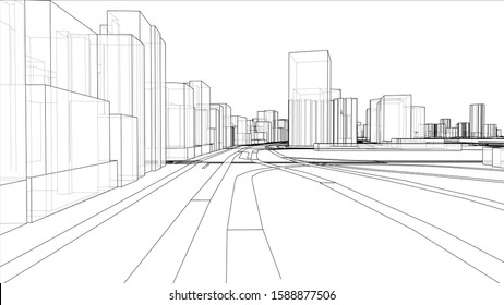 A schematic drawing or sketch of a 3D city with buildings and roads. Outline style. 3D illustration vector. Construction industry concept