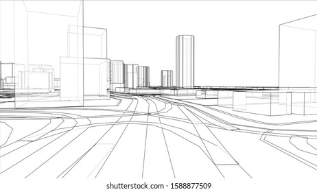 A schematic drawing or sketch of a 3D city with buildings and roads. Outline style. 3D illustration vector. Construction industry concept