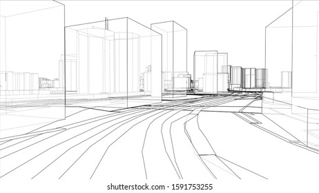 A schematic drawing or sketch of a 3D city with buildings and roads. Outline style. 3D illustration vector. Construction industry concept