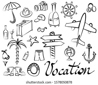 Schematic drawings of things for recreation and tourism on a white background