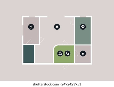 A schematic floor plan for a sustainable house, featuring icons representing various eco-friendly features like energy efficiency, water conservation, and recycling