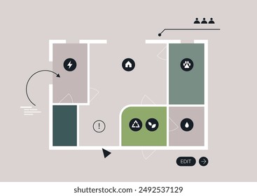 A schematic floor plan for a sustainable house, featuring icons representing various eco-friendly features like energy efficiency, water conservation, and recycling