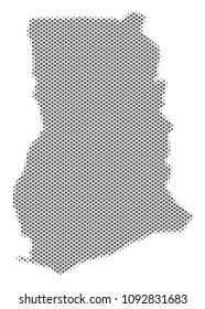 Schematic Ghana map. Vector halftone territorial abstraction. Gray pixel cartographic composition. Abstract Ghana map is created with regular circle cell mosaic.