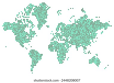 Schematic grainy world map image with continents in green eco style. Global world atlas in halftone dotted design. Simple dotted vector isolated on white background
