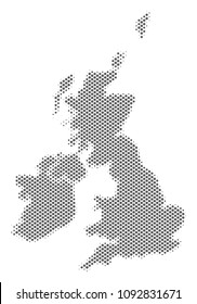 Schematic Great Britain and Ireland map. Vector halftone geographical plan. Grey pixelated cartographic concept. Abstract Great Britain and Ireland map is composed from regular spheric spot mosaic.