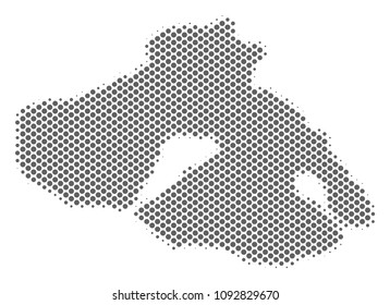 Schematic Greek Lesbos Island map. Vector halftone geographical scheme. Gray dotted cartographic composition. Abstract Greek Lesbos Island map is formed of regular sphere point grid.