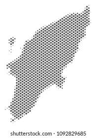 Schematic Greek Rhodes Island map. Vector halftone geographical scheme. Silver dotted cartographic composition. Abstract Greek Rhodes Island map is shaped with regular circle element pattern.