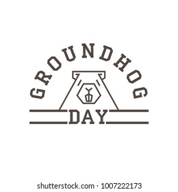 Schematic Groundhog peeking out of writing Groundhog Day. Vector greeting card. Isolated