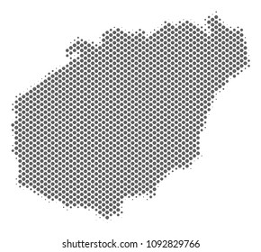 Schematic Hainan Island map. Vector halftone geographical abstraction. Grey pixel cartographic composition. Abstract Hainan Island map is composed of regular spheric dot mosaic.
