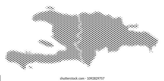 Schematic Haiti and Dominican Republic map. Vector halftone geographic scheme. Grey pixel cartographic concept. Abstract Haiti and Dominican Republic map is composed with regular sphere cell pattern.