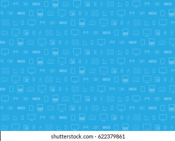 Schematic icons of computer equipment - monitor, laptop, speakers, mouse, keyboard, modem, joystick, camera, printer, phone on blue background