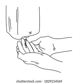 Schematic illustration of hand treatment with an automatic disinfector, a drop of gel on open palms, preventive health measures, vector outline illustration 