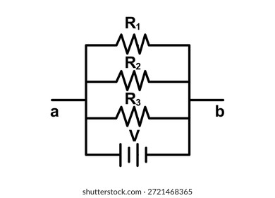 Eine schematische Darstellung zeigt drei parallele Widerstände, die mit R1, R2 und R3 bezeichnet sind und über eine Spannungsquelle zwischen den Anschlüssen a und b geschaltet sind. Nützlich für Elektronik, Schaltungsdesign und Lehre von grundlegenden Parallelschaltungen.