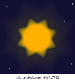 Schematic illustration of the sun in space. The sun is depicted on a blue background with stars. The illustration can be used as a computer wallpaper or background image.