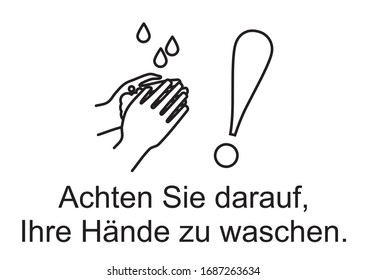Schematic illustration of washing hands with soap and water and the words "Be sure to wash your hands" in German. Concept-mandatory hygiene procedures after visiting public places during the epidemic