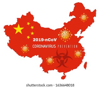 Schematic image novel coronavirus 2019-nCoV on the background of the map of China. Wuhan coronavirus prevention. Vector illustration
