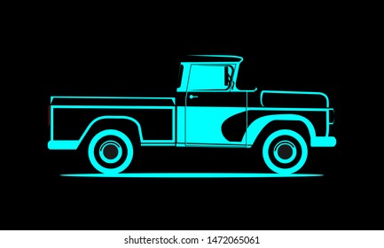 Schematic Image Pickup Truck On A Black Background. Classic Truck. Isolated Vector Illustration.