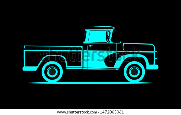 Schematic image pickup truck on a\
black background. Classic truck. Isolated vector\
illustration.