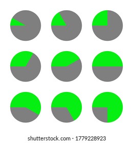Schematic images of watch dials in two colors - grey and green. Each dial adds one hour of working time.
Set of icons, vector illustration.