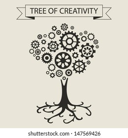 Schematic info graphic of tree and sprockets. Tree of creativity and ideas concept. Vector illustration