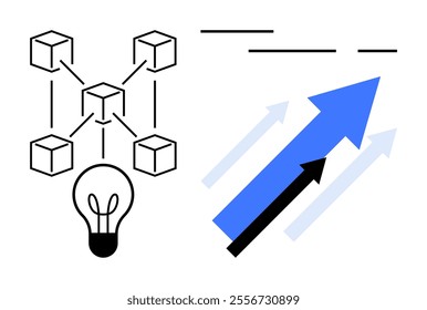 Schematic of interconnected cubes beside a lightbulb illustrating network and innovation. Upward arrows symbolize growth and progress. Ideal for business, creativity, technology, innovation