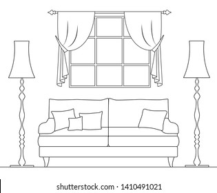 Schematic interior drawn in thin lines. Drawing of a room with a sofa window and torches. Line art of living room.