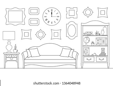 Schematic interior of the living room. Linear illustration made by stroke. Sketch of the drawing room.