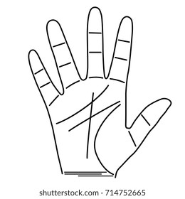 Schematic linear drawing of a human palm with lines. Palmistry base.